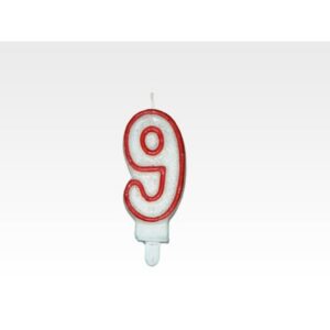 Świeczka - CYFERKA "9", czerwona obwódka z brokatem, cena za 1 szt.